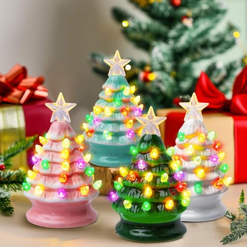 5 Inch Mini Ceramic Christmas Tree Set - 4 Pack Pre-lit with Multicolored LED Lights U570