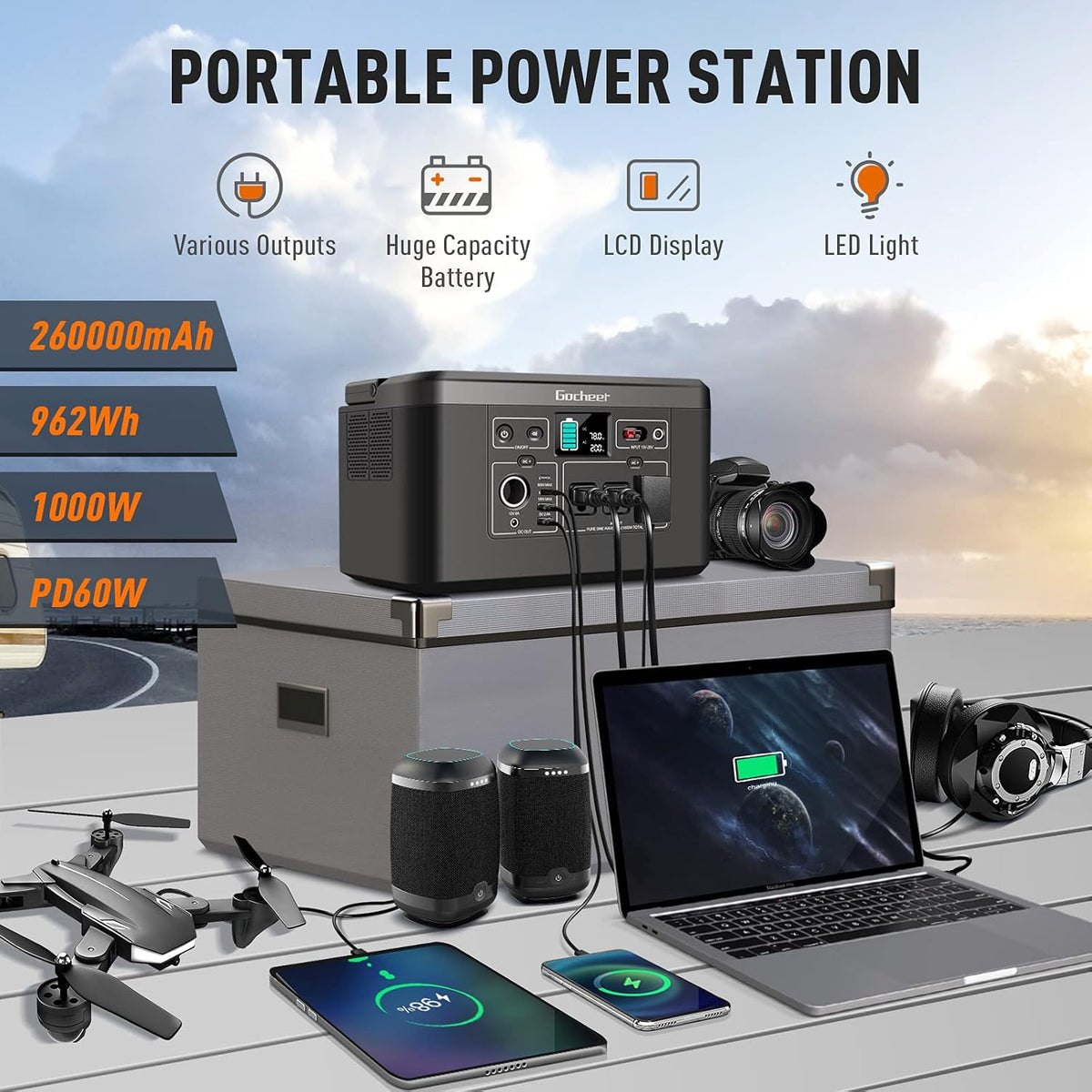 1000W Portable Power Station 962Wh 260000mAh Solar Generator with 3x110V AC Outlets Q3857