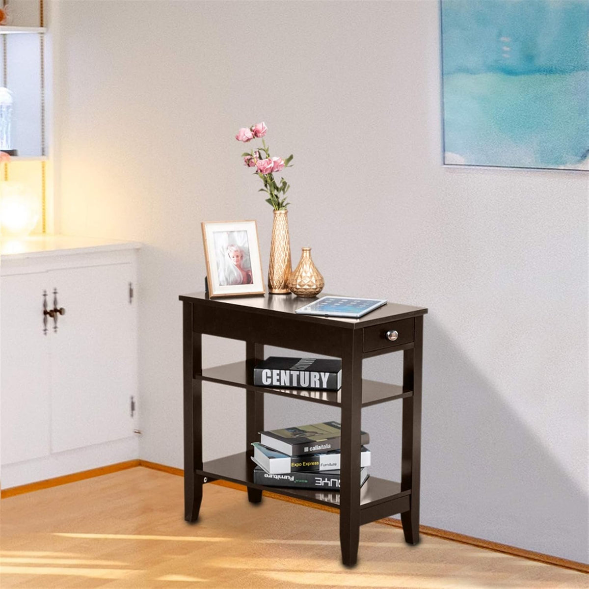 Brown End Table with Drawer, 2-Tier Open Storage Shelves, 11.2" L x 23.62" W x 24" H R539