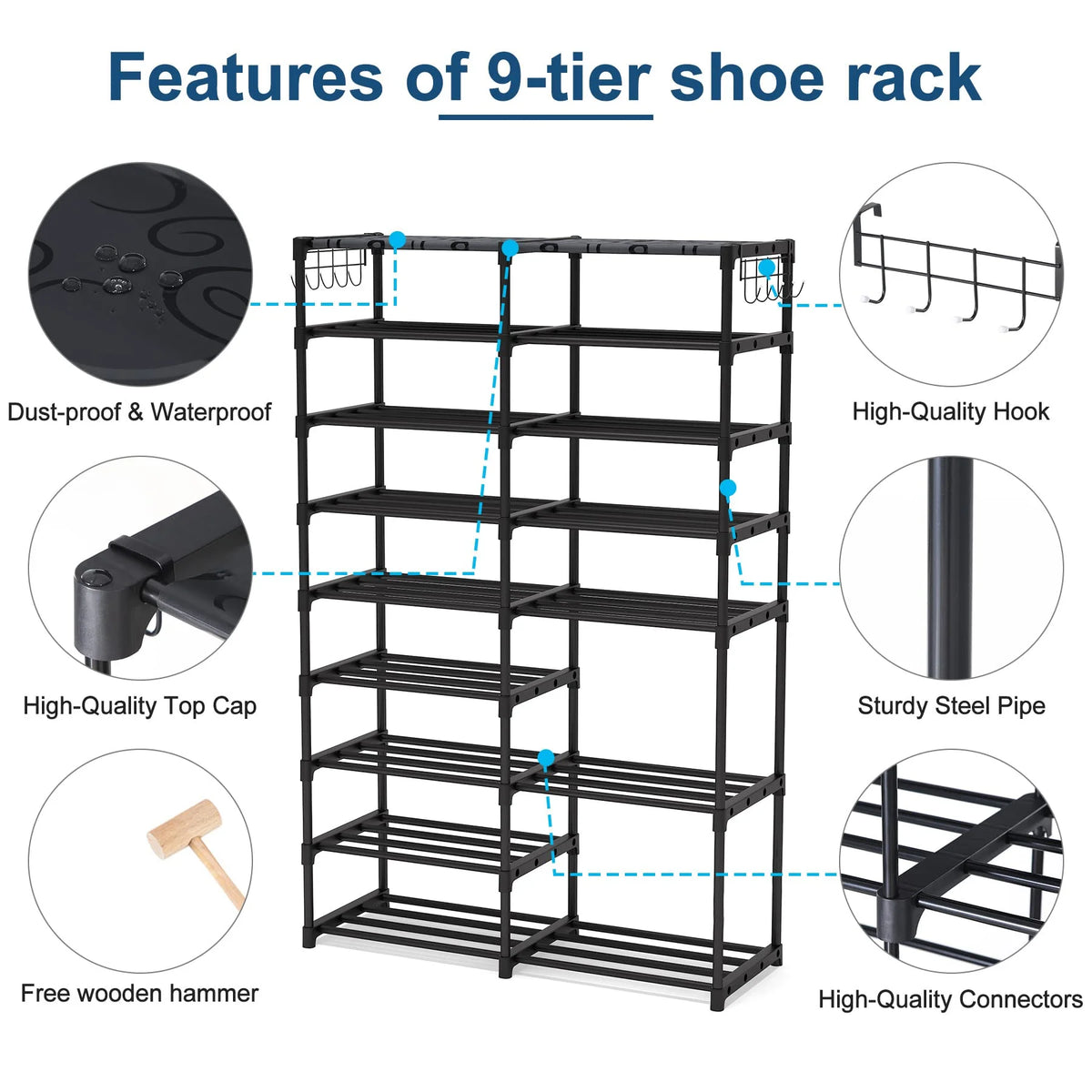 Black 9 Tiers Stackable Shoe Rack with 2 Hooks Y9711
