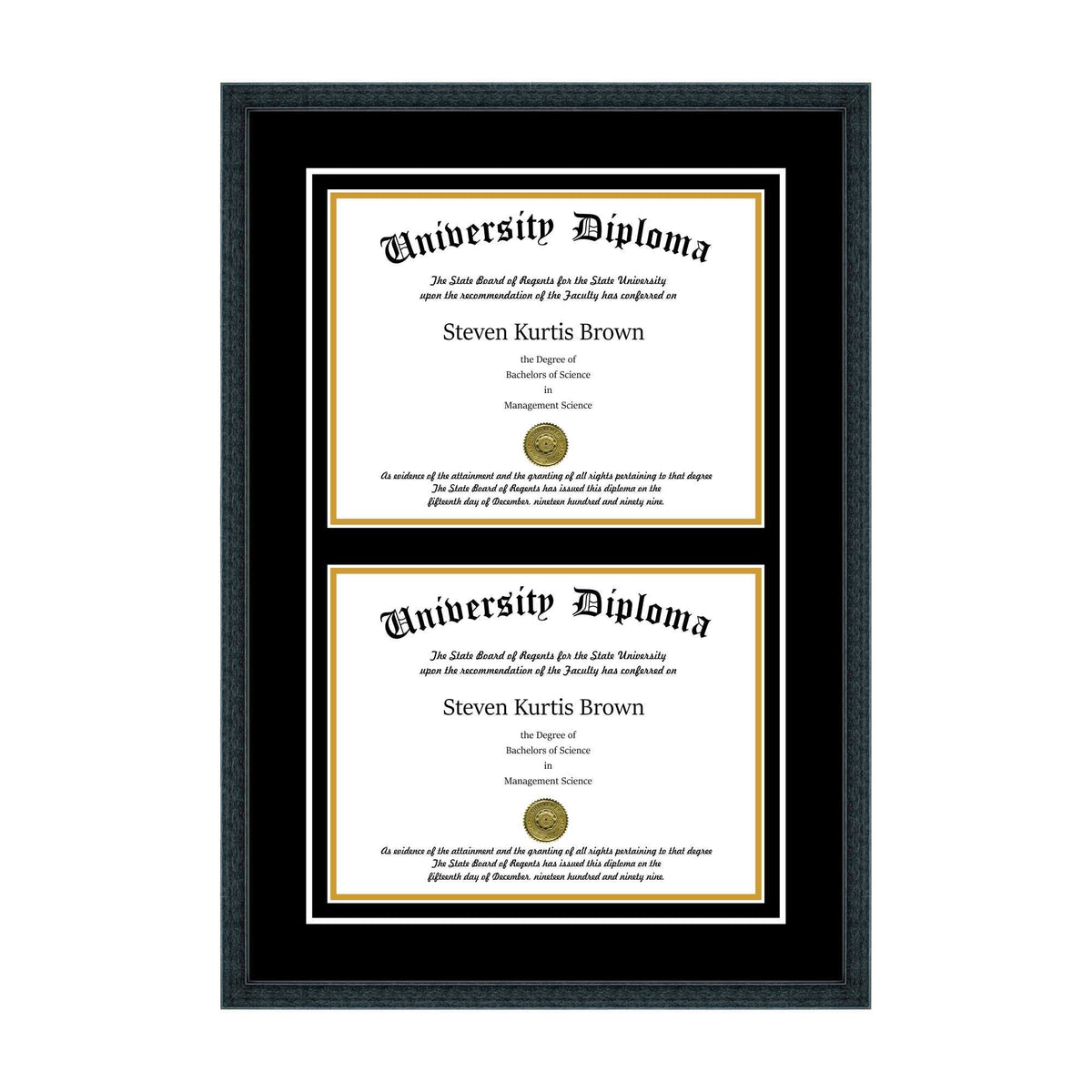 Double Diploma Frame with Double Matting for 9x22 x 7x22 Tall Diploma with Black Frame A409