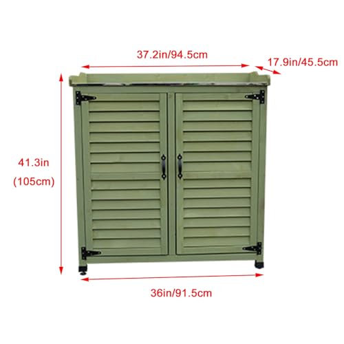 Green Outdoor Potting Bench with Metal Top and Wooden Storage Cabinet P61648