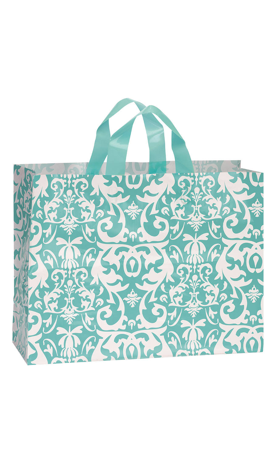 Aqua Damask Frosted Plastic Shopping Bags 16 inch x 6 inch x 12 inch Case of 100 S498143