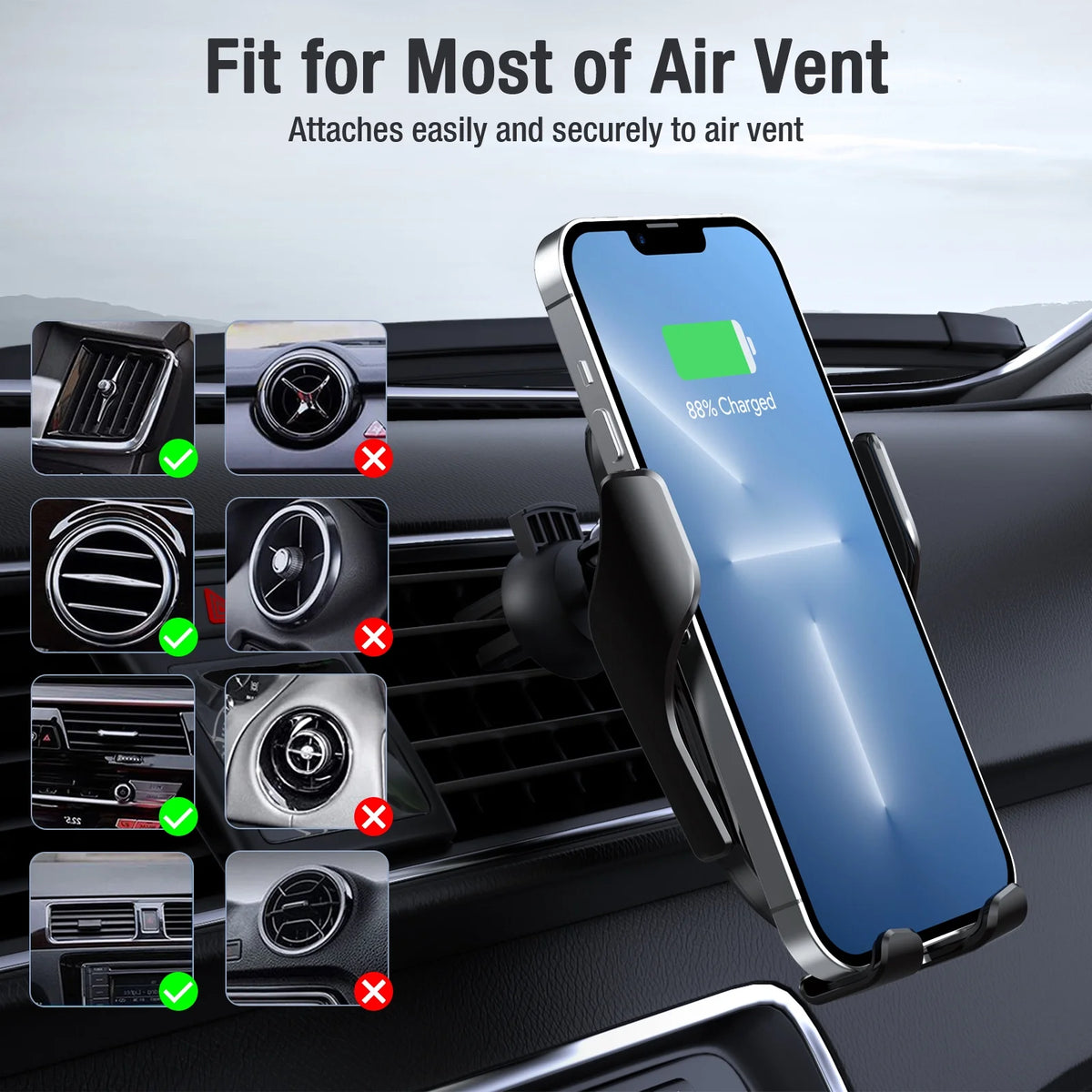 Wireless Car Charger Mount, 15W Auto Clamping Car Phone Charging Air Vent Holder with QC 3.0 Car Charger O84003