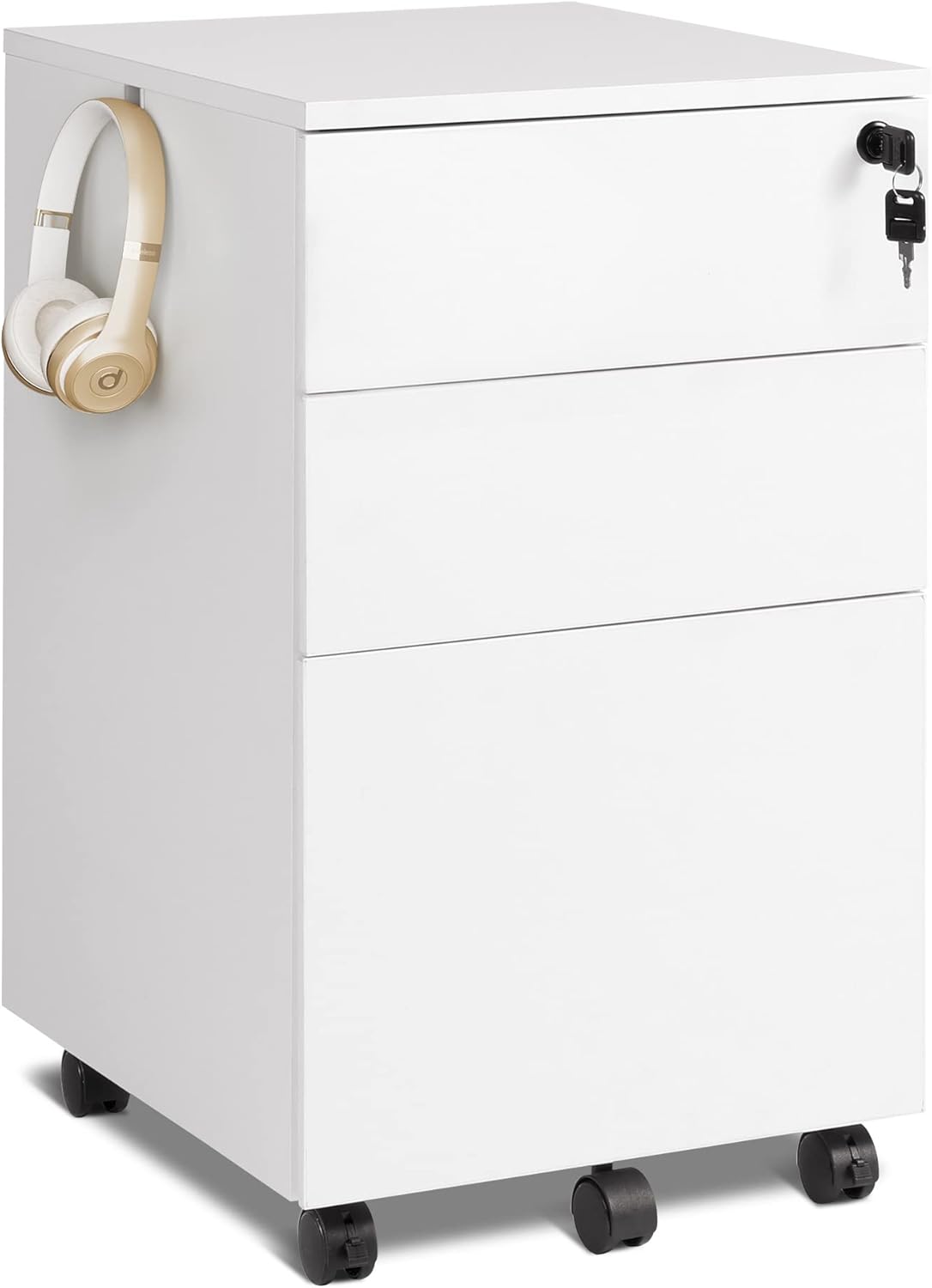 White 3 Drawer Wood Rolling File Cabinet with Lock K98090