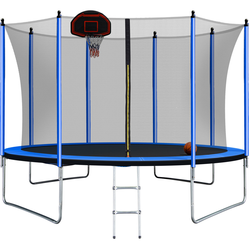 10FT Trampoline with Basketball Hoop, Inflator, Ladder, Safety Enclosure Net, Blue V284
