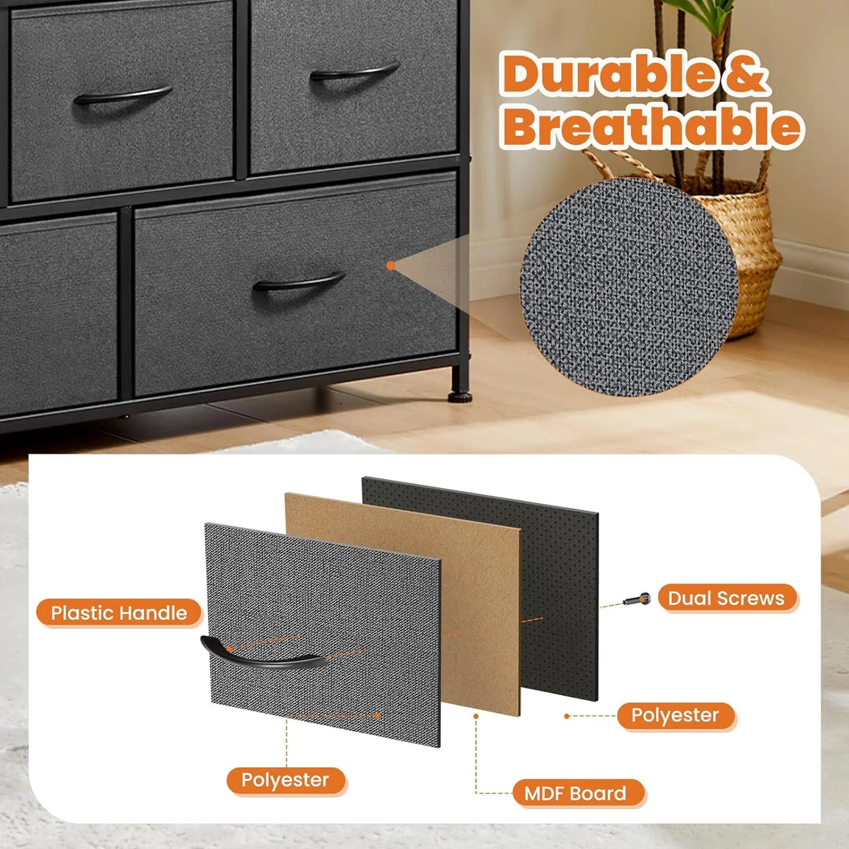 5 Fabric Drawer Dresser with Wood Top and Steel Frame K363