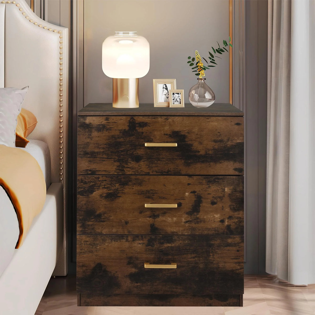Black 3 Drawer Wood Nightstand Q62411
