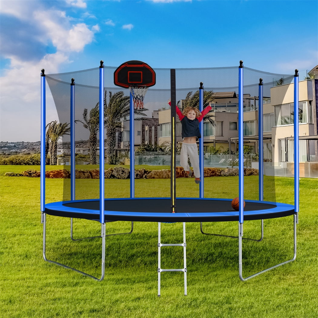 10FT Trampoline with Basketball Hoop, Inflator, Ladder, Safety Enclosure Net, Blue V284