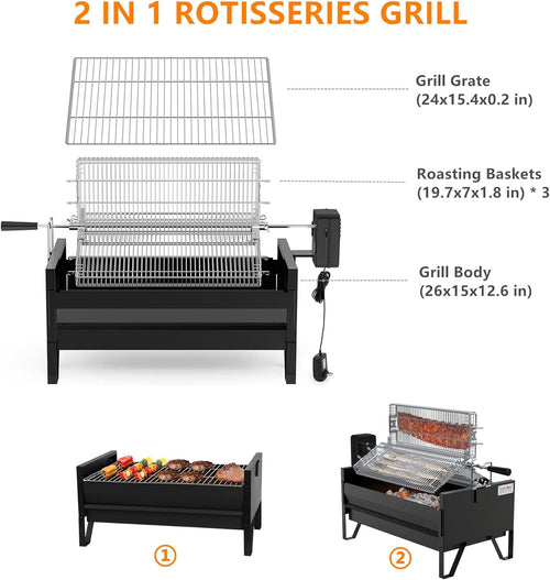 2 IN 1 Charcoal Grill Rotisserie Kit with 3 Stainless Steel Rotating Baskets and 24 In Grill Grate W6792