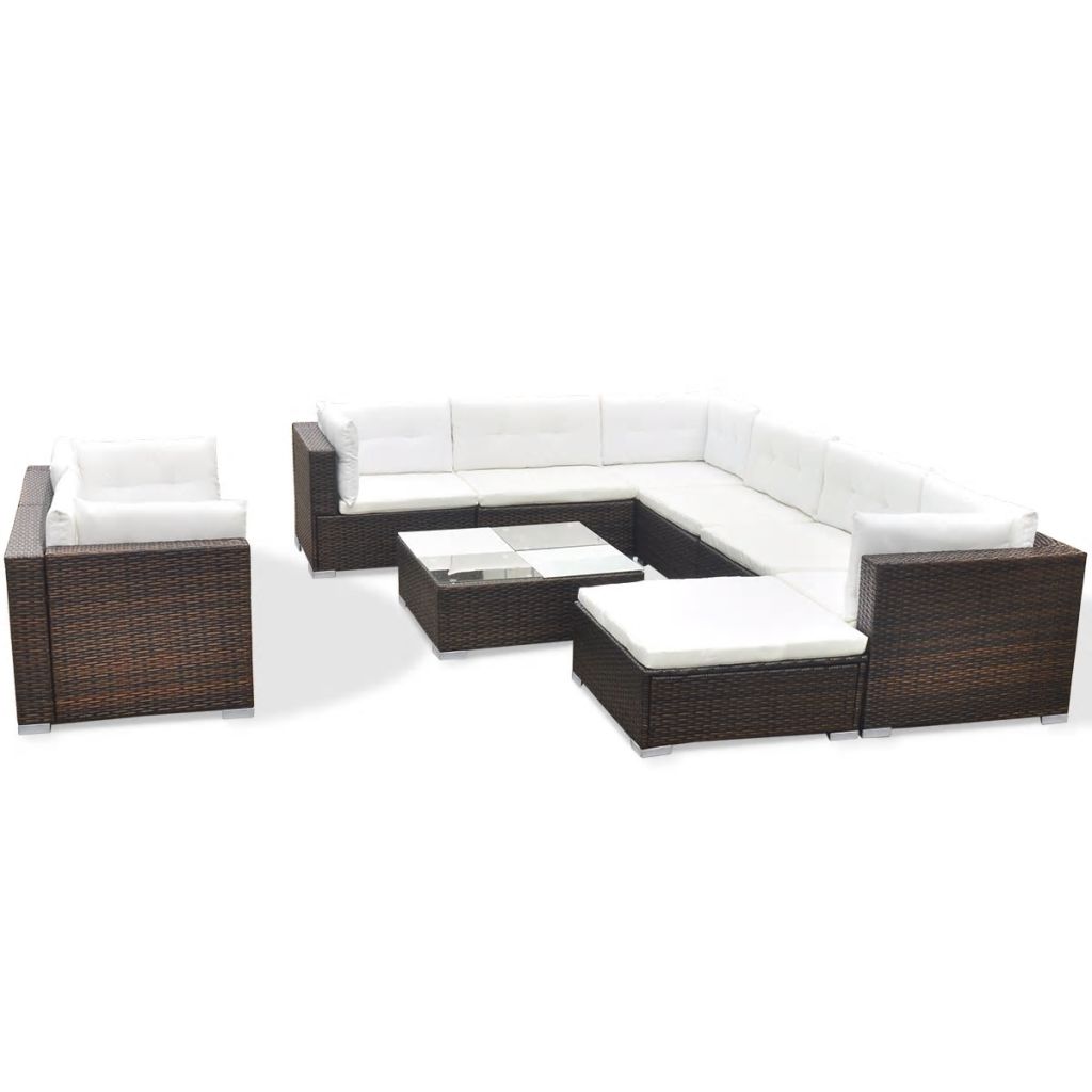 10 Piece Brown Poly Rattan Outdoor Sofa Set with Coffee Table and Ottoman Z606287