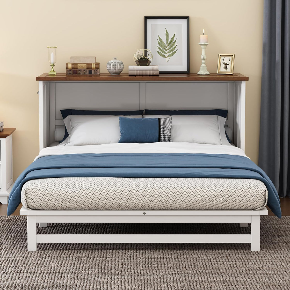 White+Walnut Full Size Murphy Bed with Large Drawer M1333