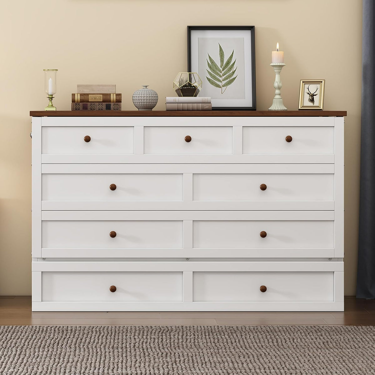 White+Walnut Full Size Murphy Bed with Large Drawer M1333
