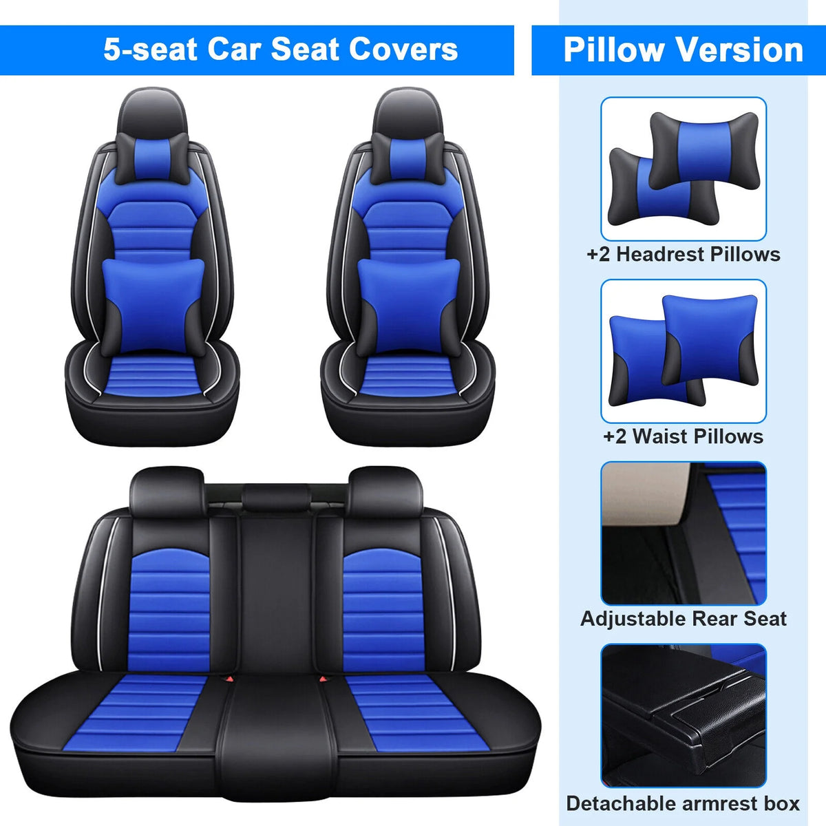 Black+Blue Waterproof PU Leather Full Set Car Seat Covers D12447