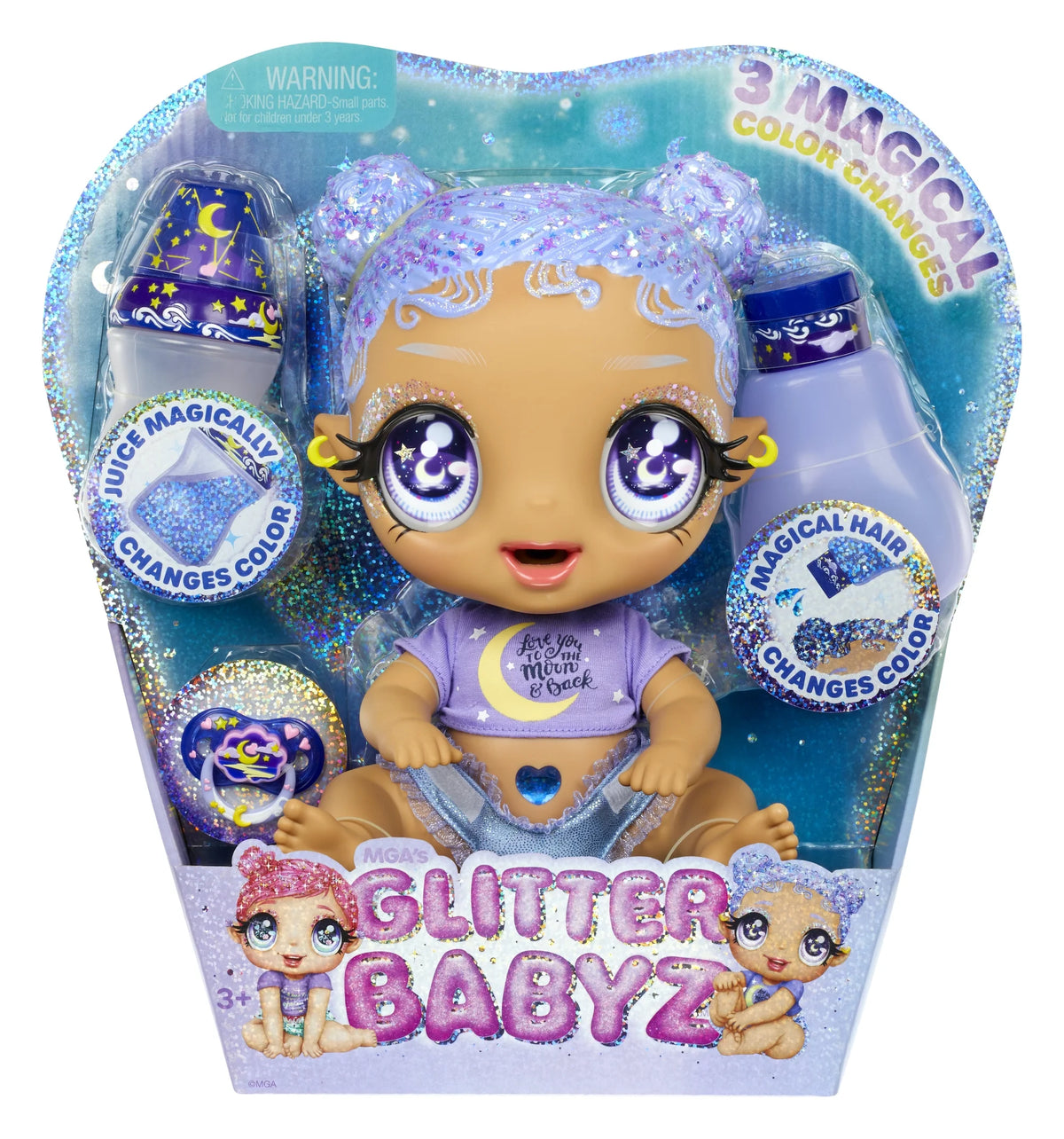 Pastel Purple Glitter Hair Baby Doll with Diaper, Bottle, Pacifier Accessories V586