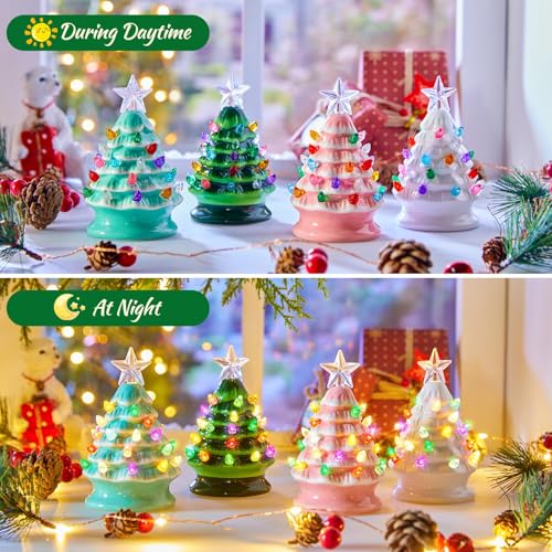 5 Inch Mini Ceramic Christmas Tree Set - 4 Pack Pre-lit with Multicolored LED Lights U570
