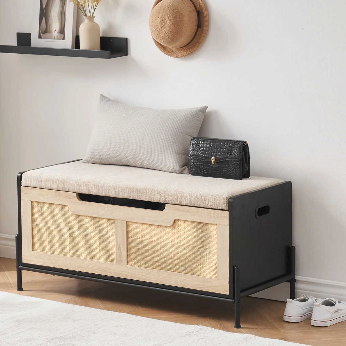 Black Storage Bench with Seat Cushion J6875
