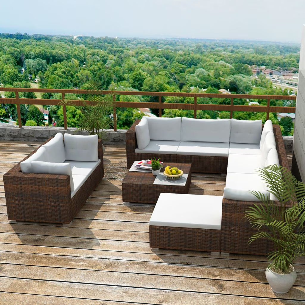 10 Piece Brown Poly Rattan Outdoor Sofa Set with Coffee Table and Ottoman Z606287