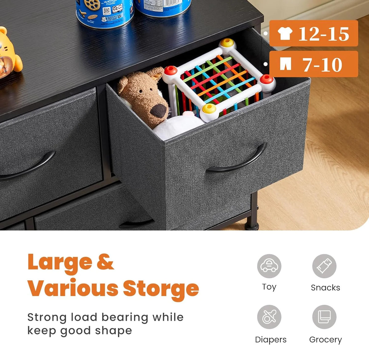 5 Fabric Drawer Dresser with Wood Top and Steel Frame K363