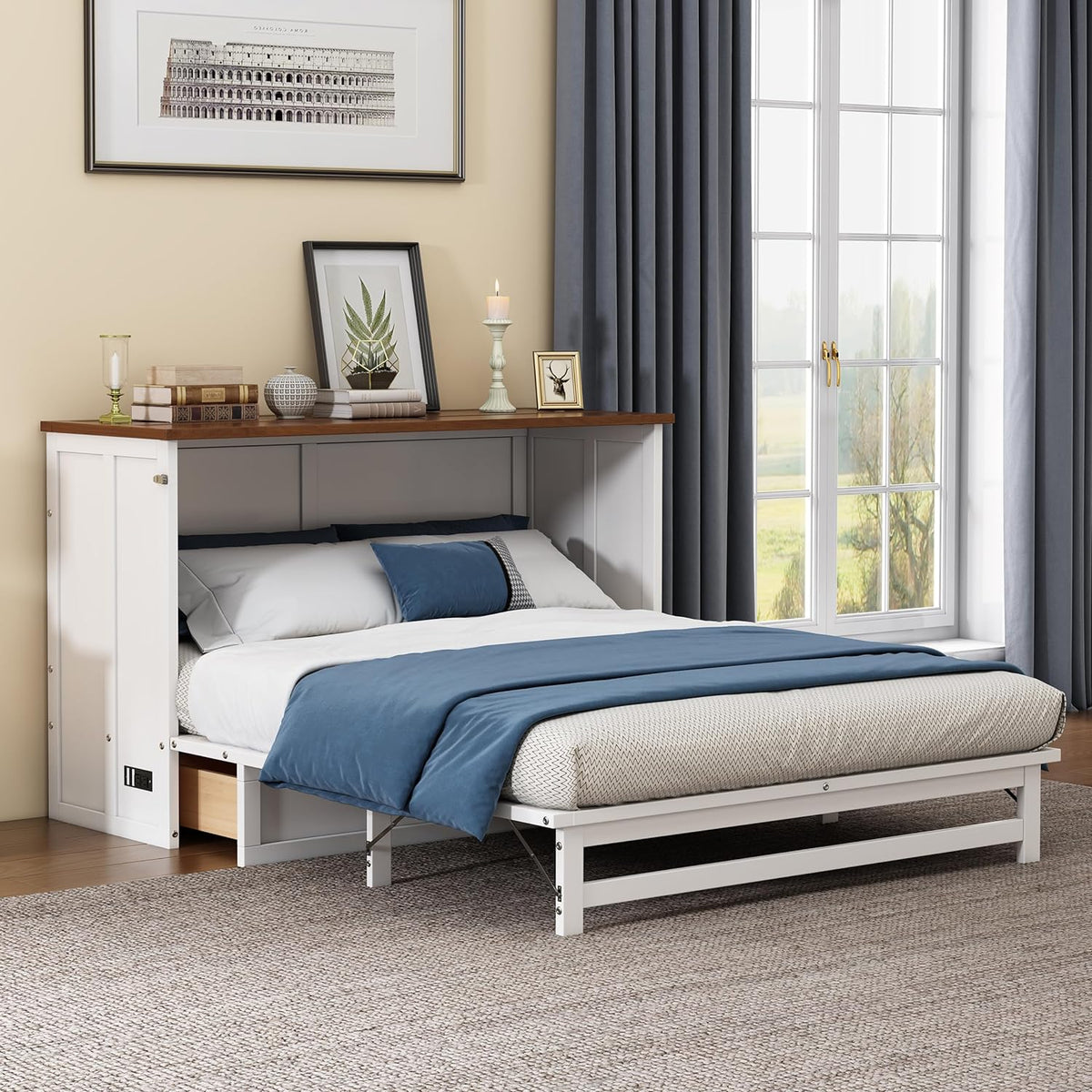White+Walnut Full Size Murphy Bed with Large Drawer M1333