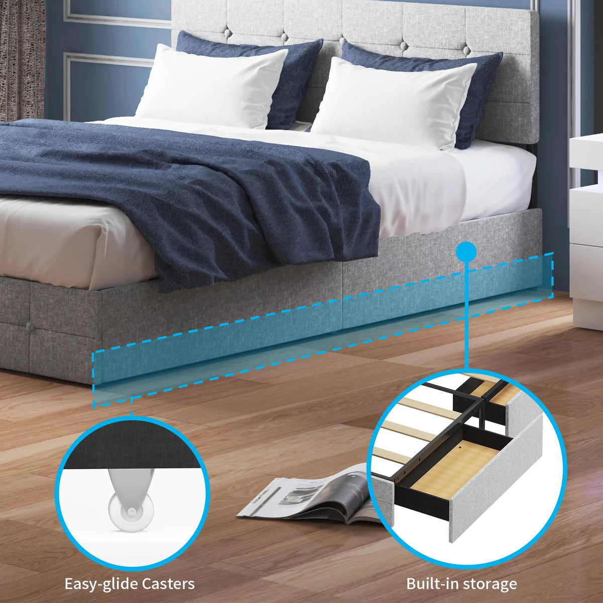 Black Linen Fabric Full Storage Bed Frame with Upholstered Headboard A268223