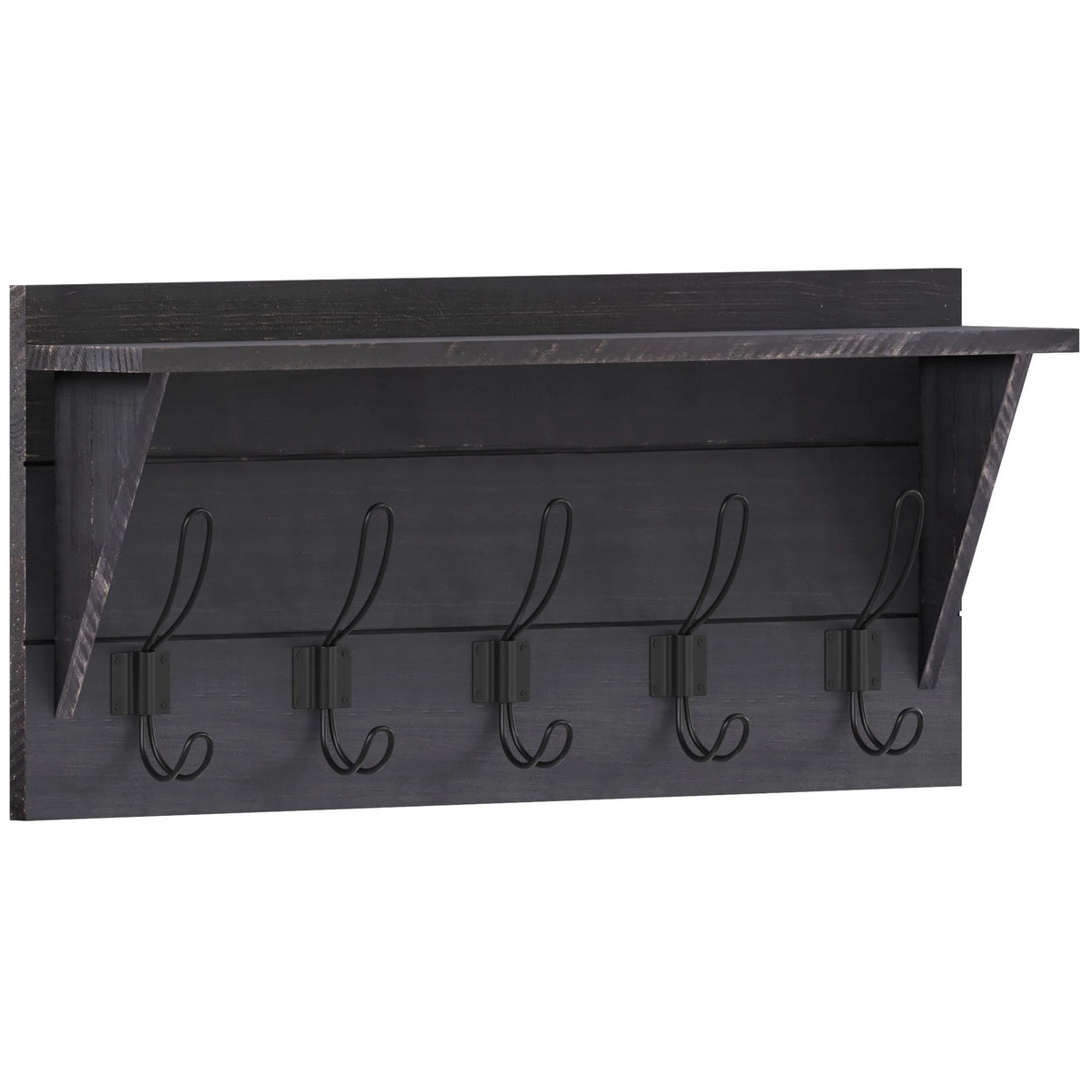 24 Inch Solid Pine Wood Wall Mounted Storage Rack with Shelf and 5 Hooks H619547