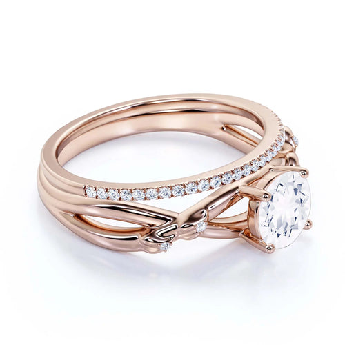 10k Solid Rose Gold Diamond Moissanite Engagement Ring with Matching Band O935484