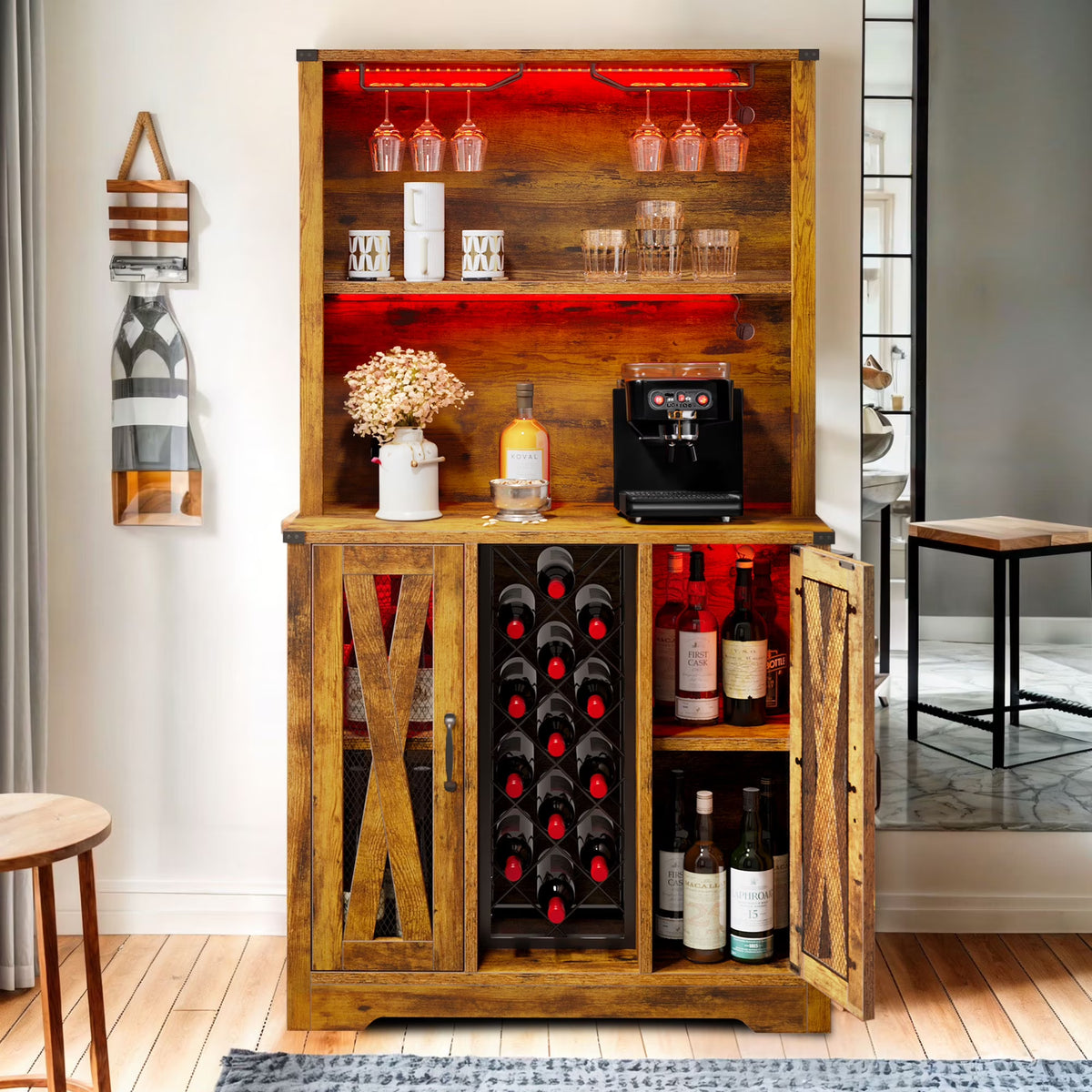 Rustic Oak Bar Storage Cabinet with LED Light Door E410157