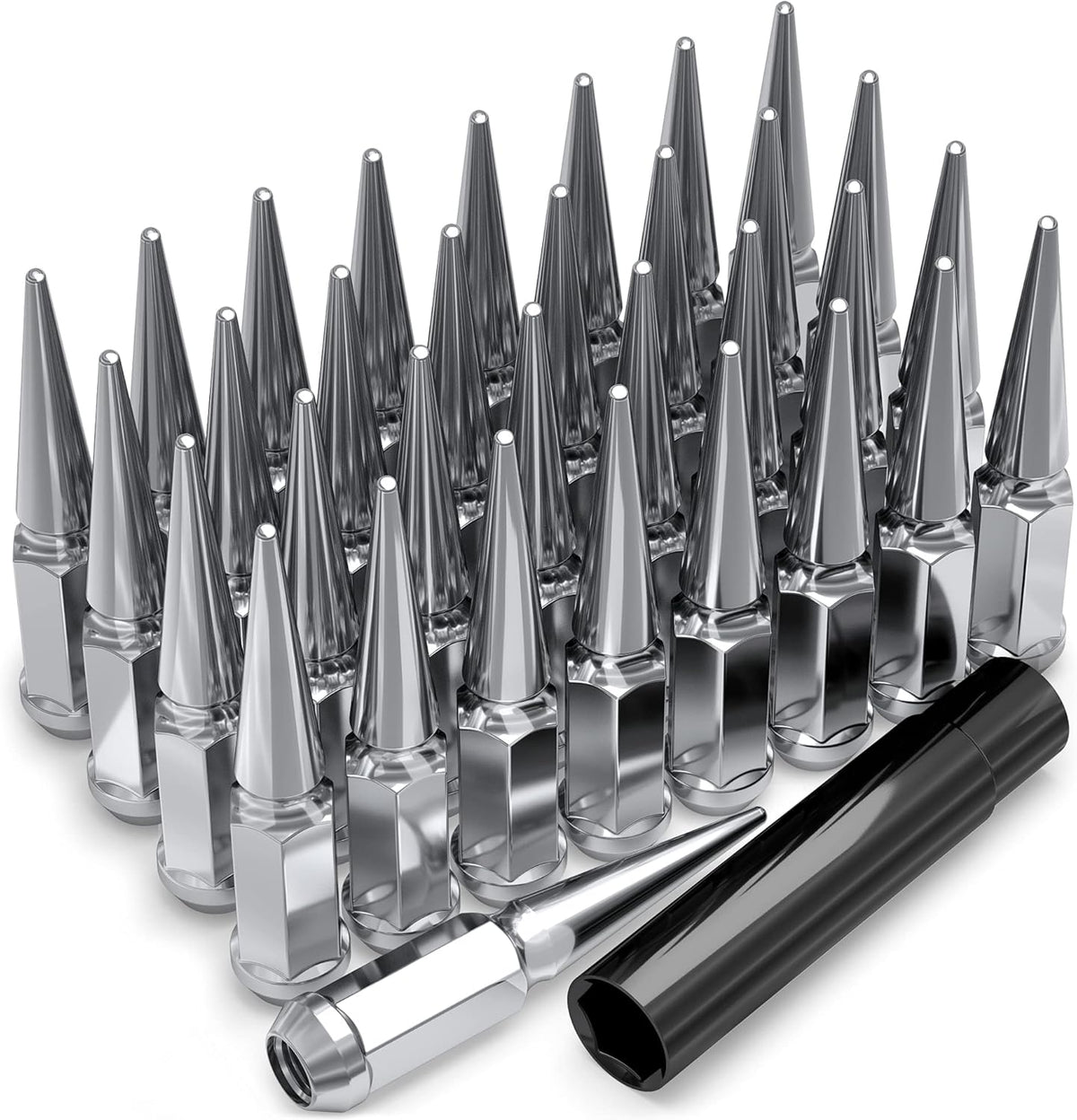 Chrome M14x2.00 1-Pc Hex Spike Lug Nut Set with Extra Spike Lug Nut, 33 Pack E310247