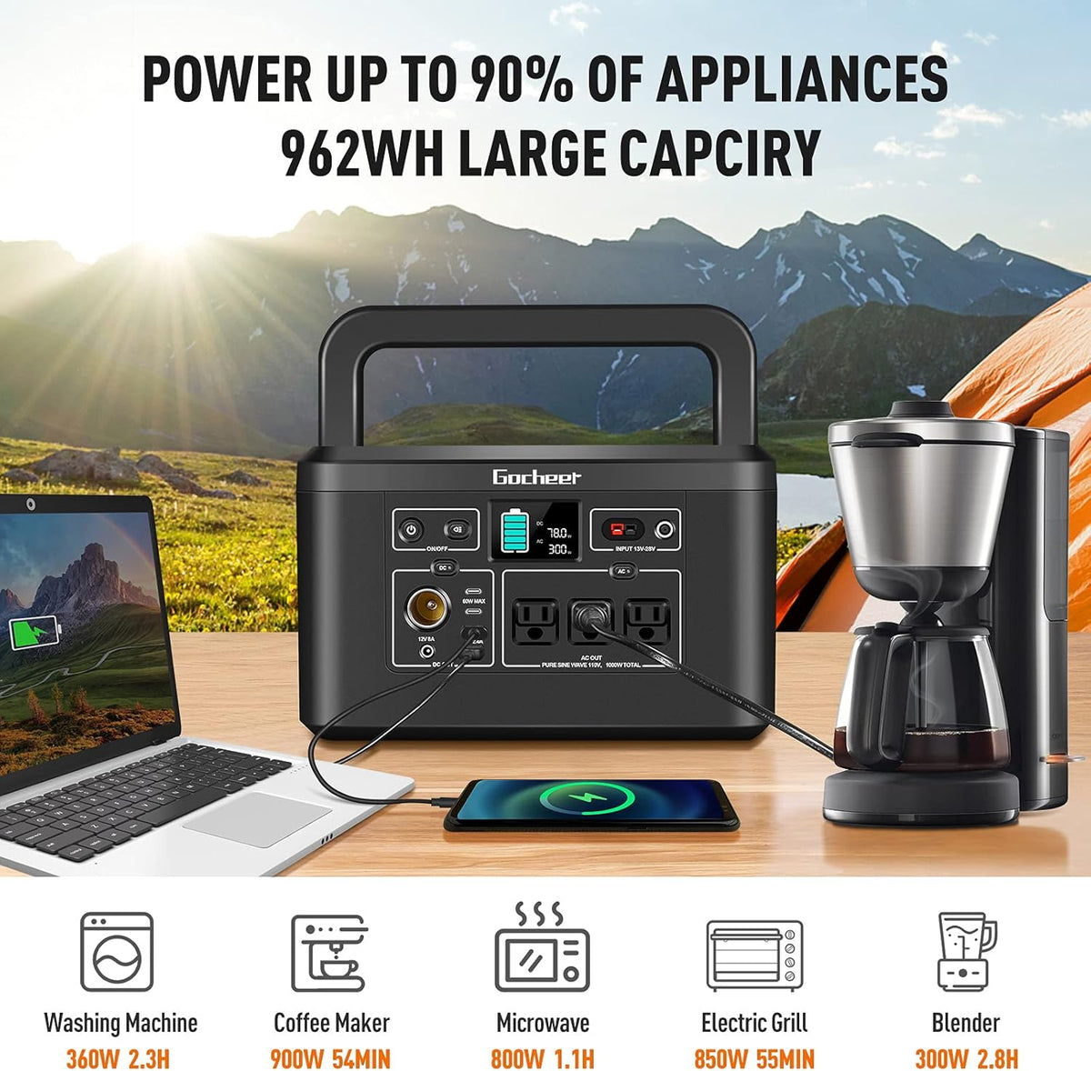 1000W Portable Power Station 962Wh 260000mAh Solar Generator with 3x110V AC Outlets Q3857
