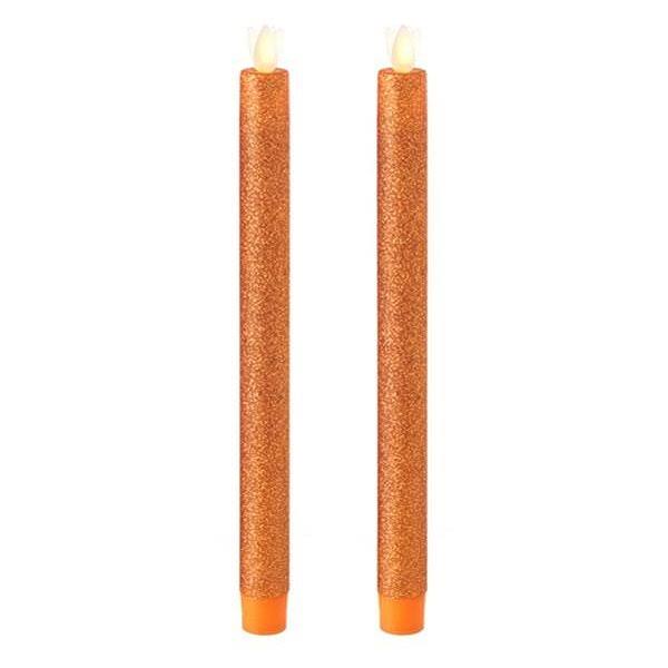 10x22 Orange Glitter Plastic LED Taper Candles with Timer K812