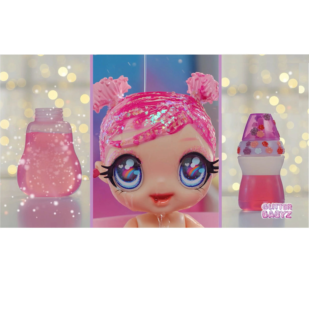 Pastel Purple Glitter Hair Baby Doll with Diaper, Bottle, Pacifier Accessories V586