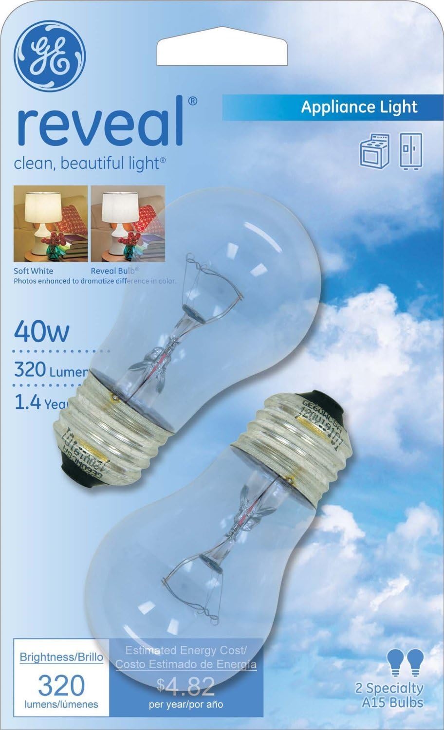 40-Watt Reveal A15 Appliance Bulb, 6 Pack B858776
