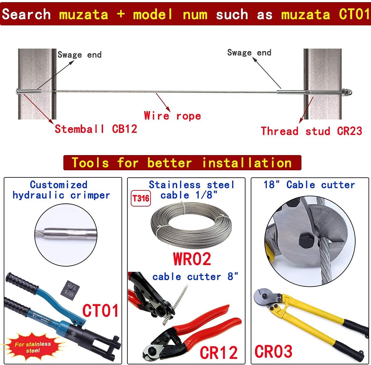 40Pack 1/8 Stemball Swage Dead End Invisible Cable Railing Kit Hardware Terminal Round Head T316 Stainless Steel J4704
