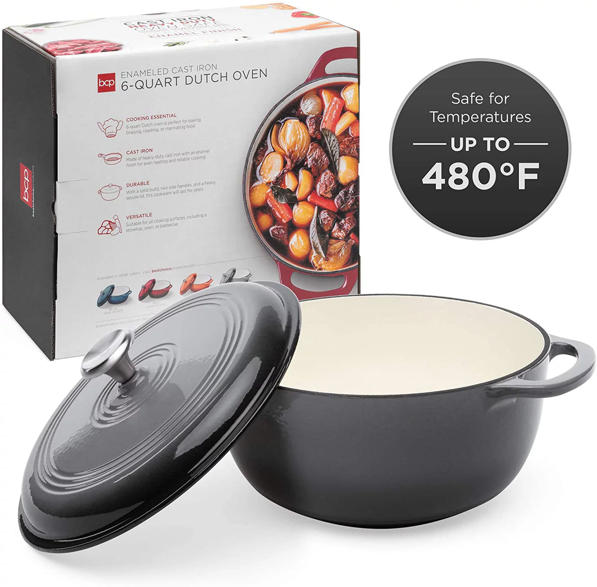 6qt Ceramic Non-Stick Cast Iron Dutch Oven with Enamel Coating, Gray Q4043
