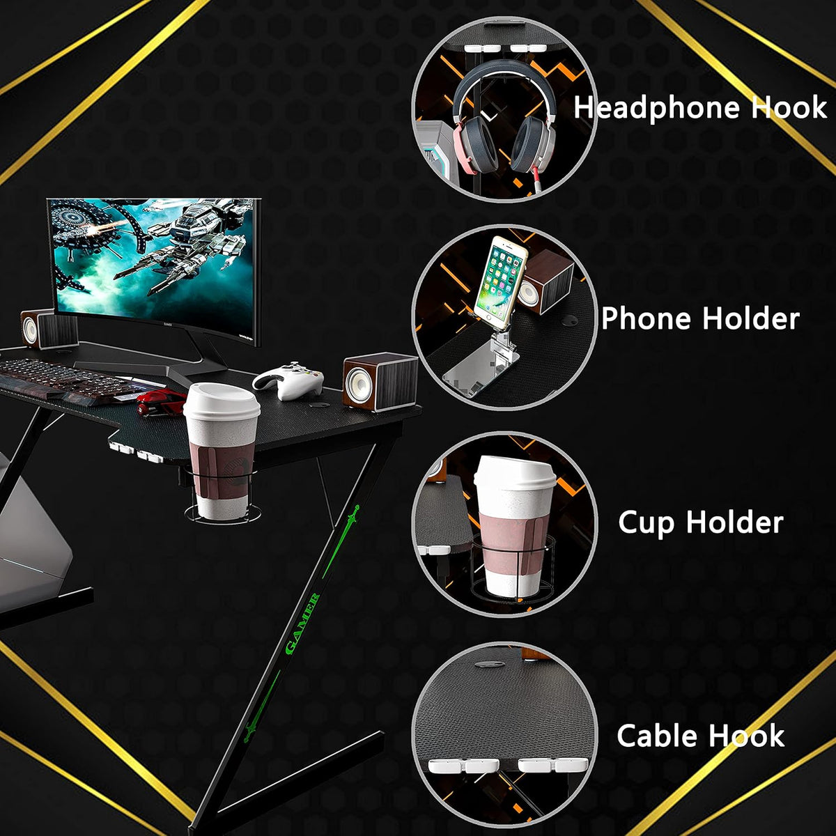 Black 47 inch Gaming Desk with Carbon Fiber Surface V108