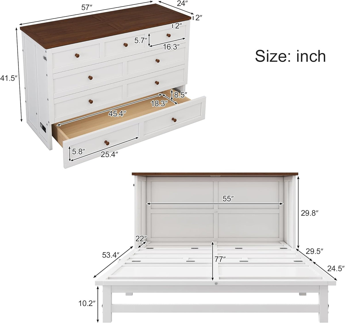 White+Walnut Full Size Murphy Bed with Large Drawer M1333