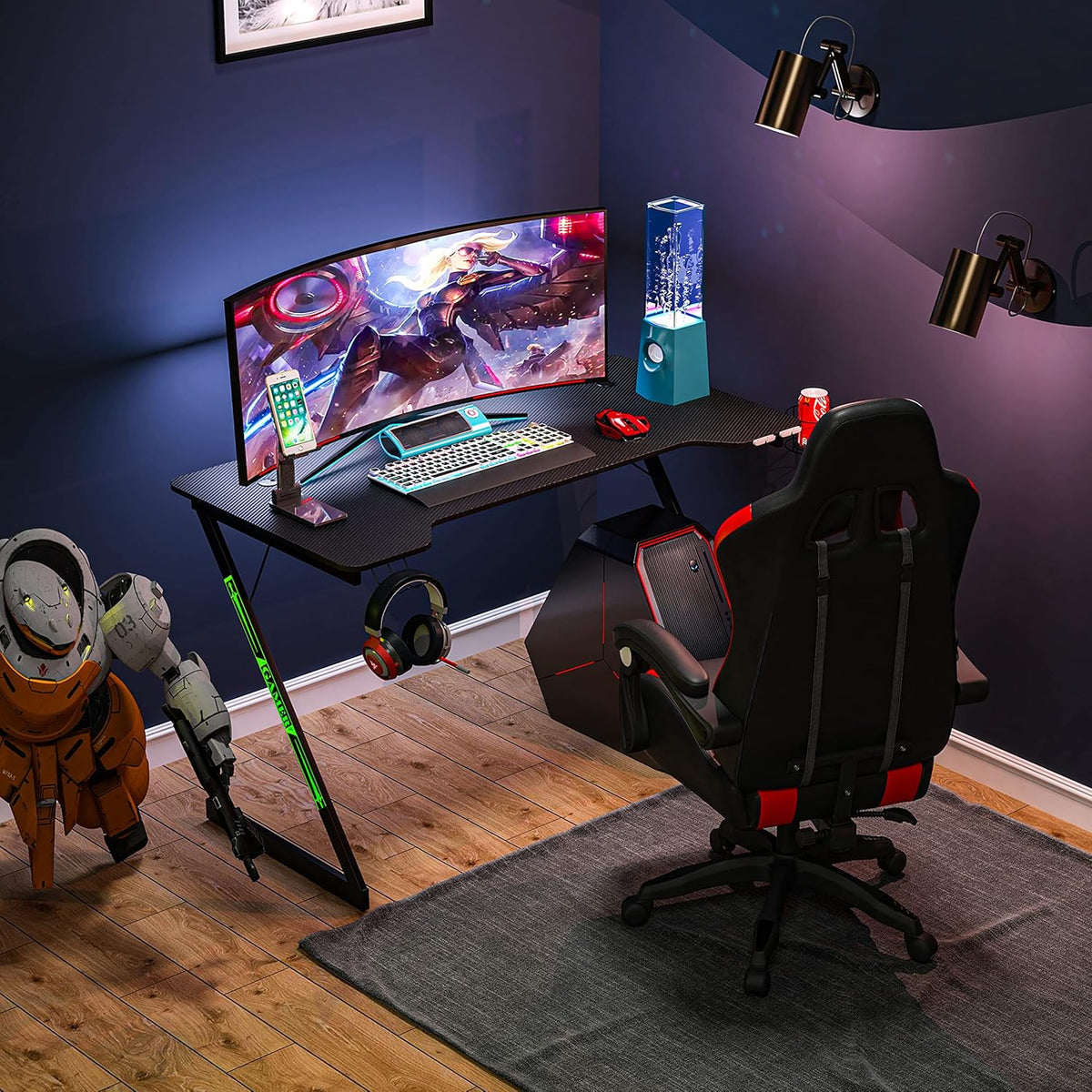 Black 47 inch Gaming Desk with Carbon Fiber Surface V108