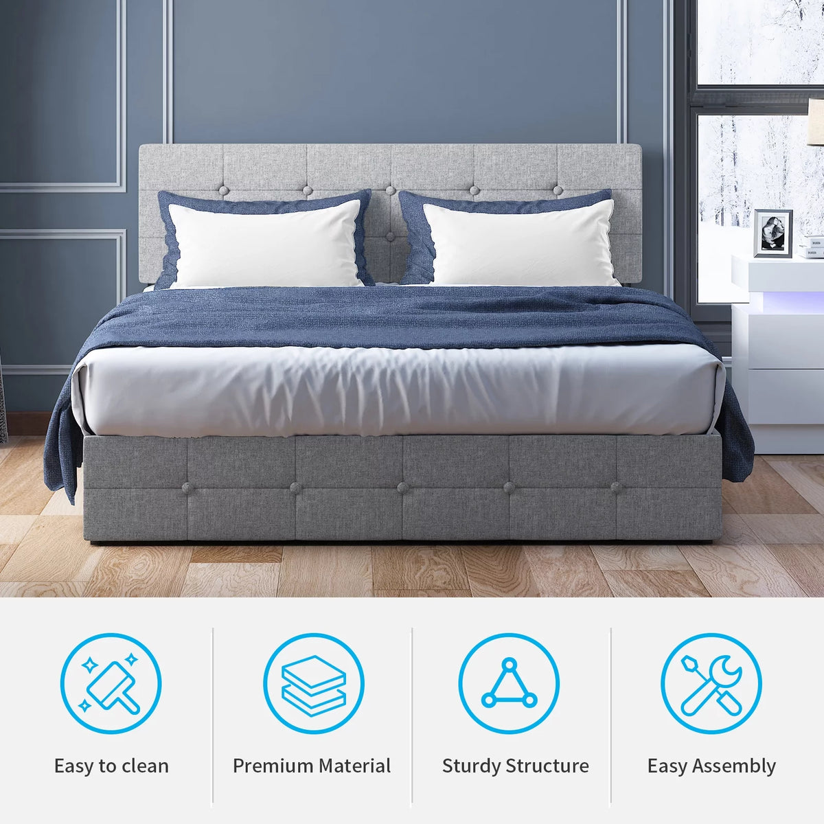 Black Linen Fabric Full Storage Bed Frame with Upholstered Headboard A268223