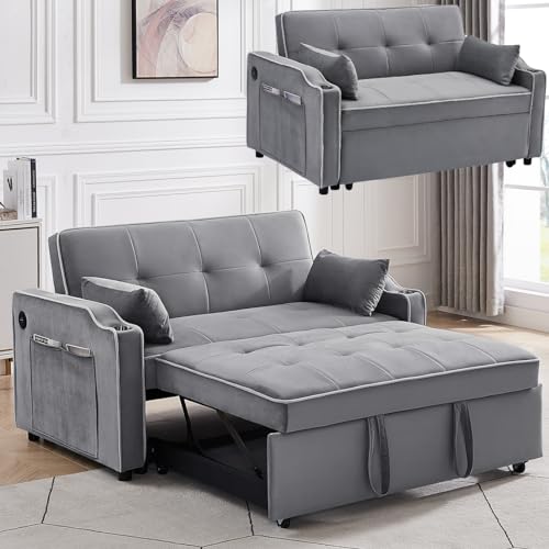 Black Velvet Convertible Futon Couch with USB Ports Y37690