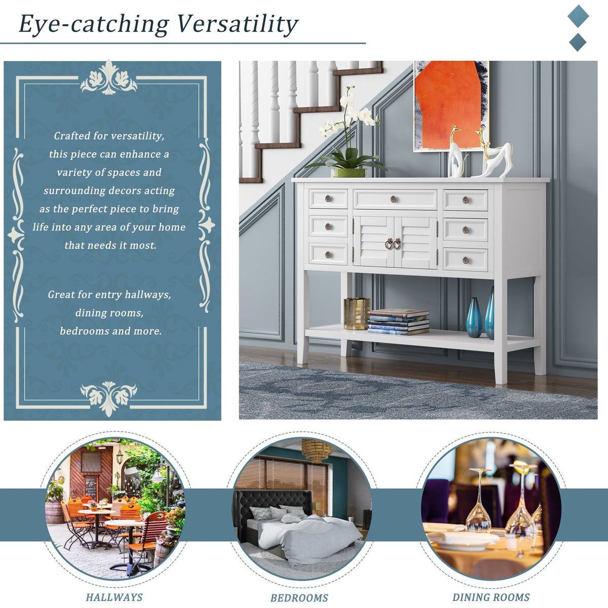 Blue 7 Drawer Console Table with Cabinet I60613