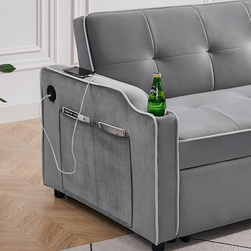 Black Velvet Convertible Futon Couch with USB Ports Y37690