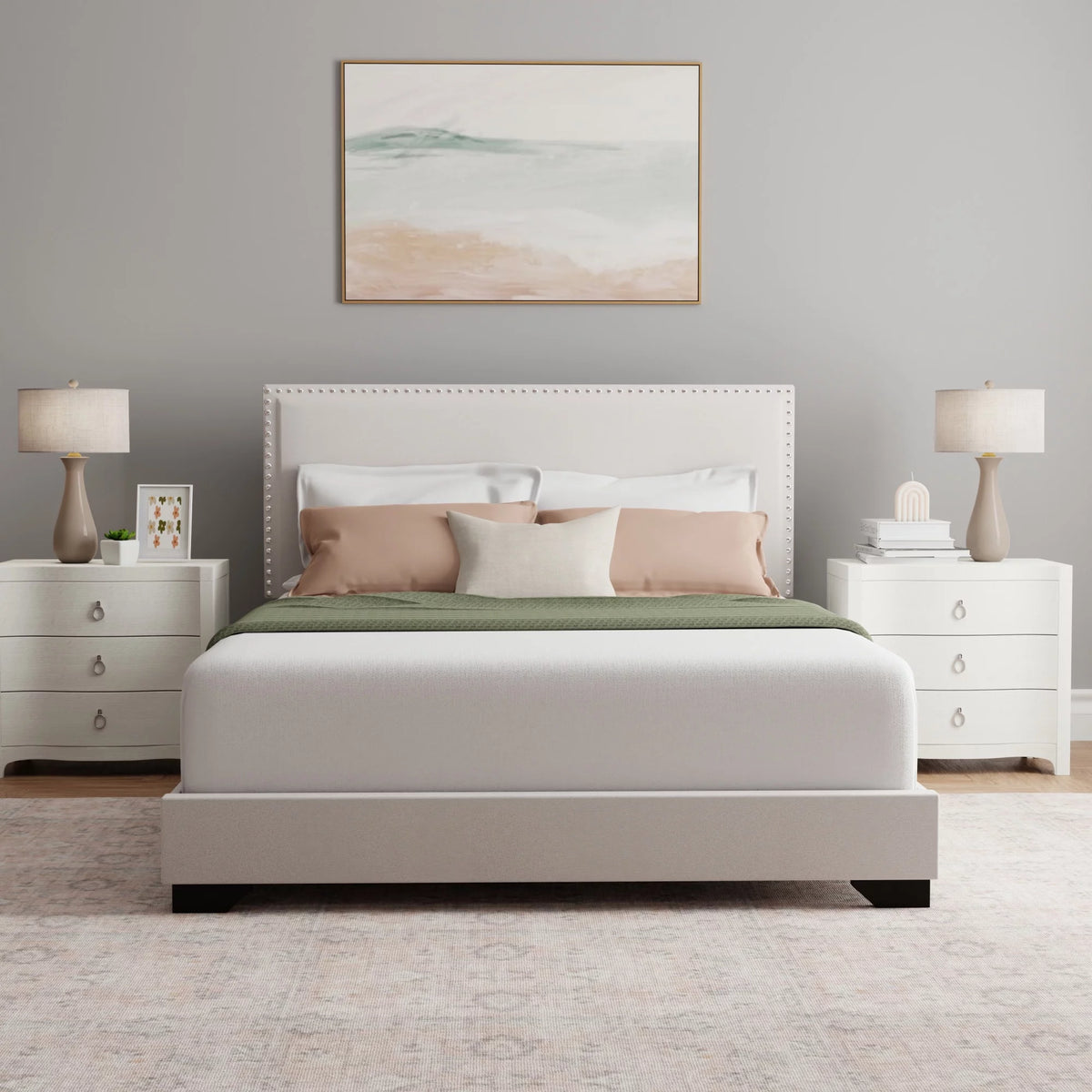 Cream Upholstered Full Platform Bed O855