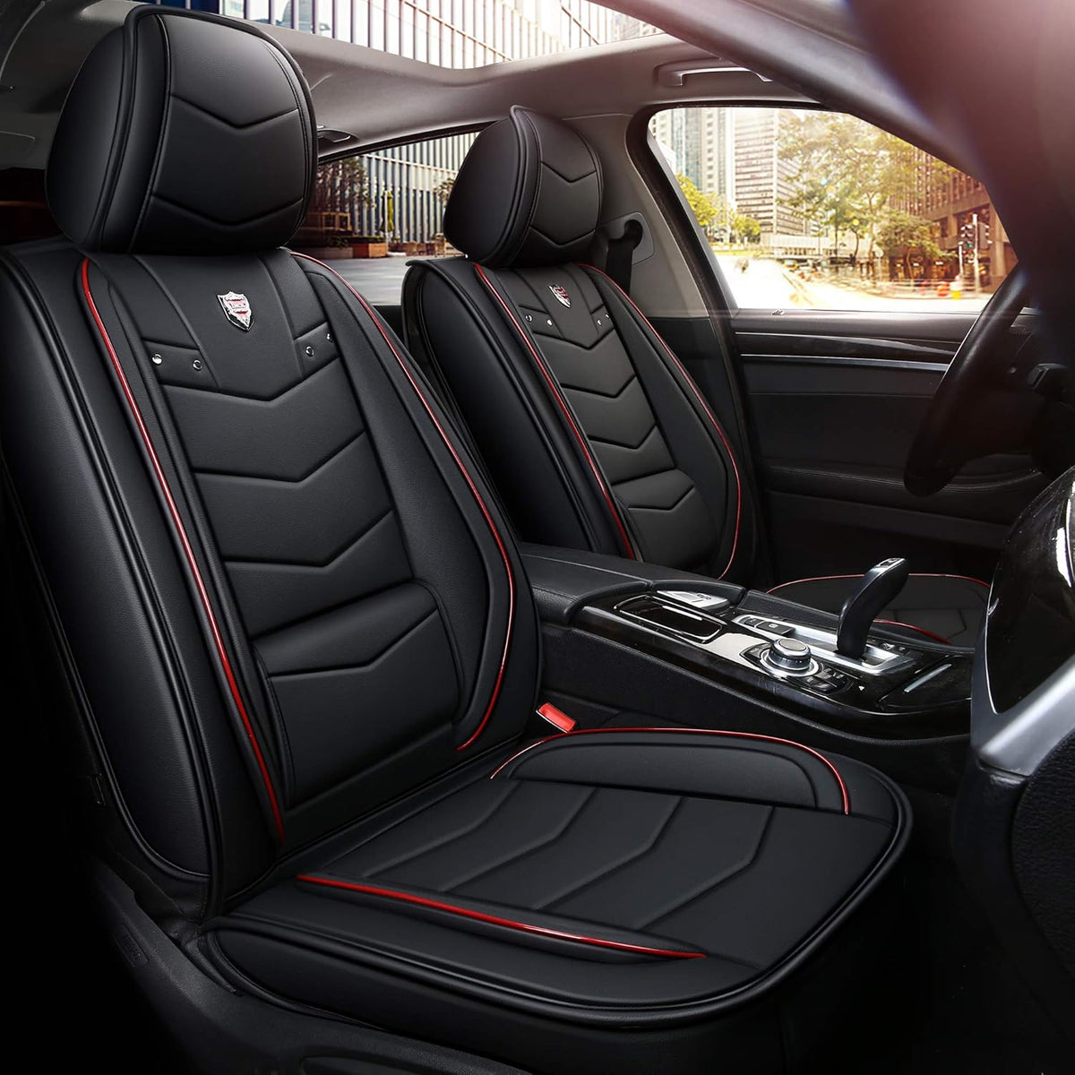 2 Front Car Seat Cover Waterproof with Built-in Lumbar Support Black White C82589