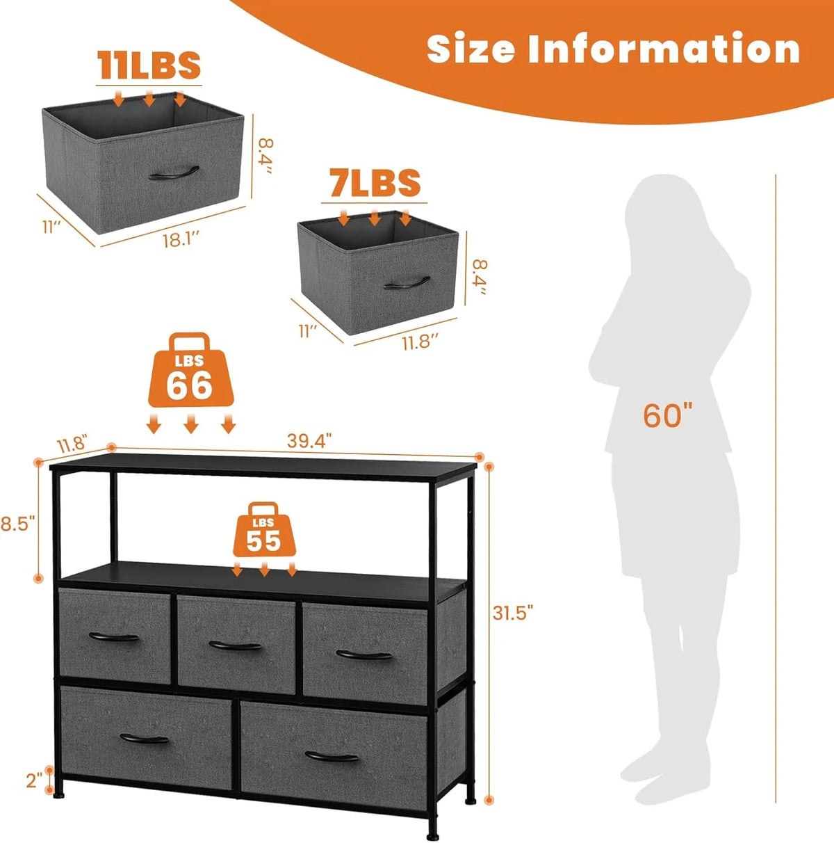 5 Fabric Drawer Dresser with Wood Top and Steel Frame K363