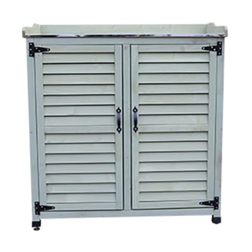 Green Outdoor Potting Bench with Metal Top and Wooden Storage Cabinet P61648