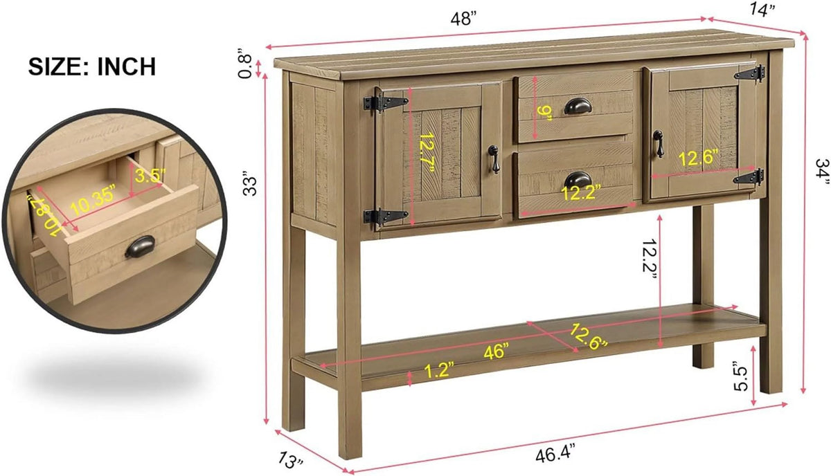 48 Inch Console Table With 2 Drawers And Cabinets And Bottom Shelf Solid Wood Sideboard Storage Buffet Server Cabinet M2975