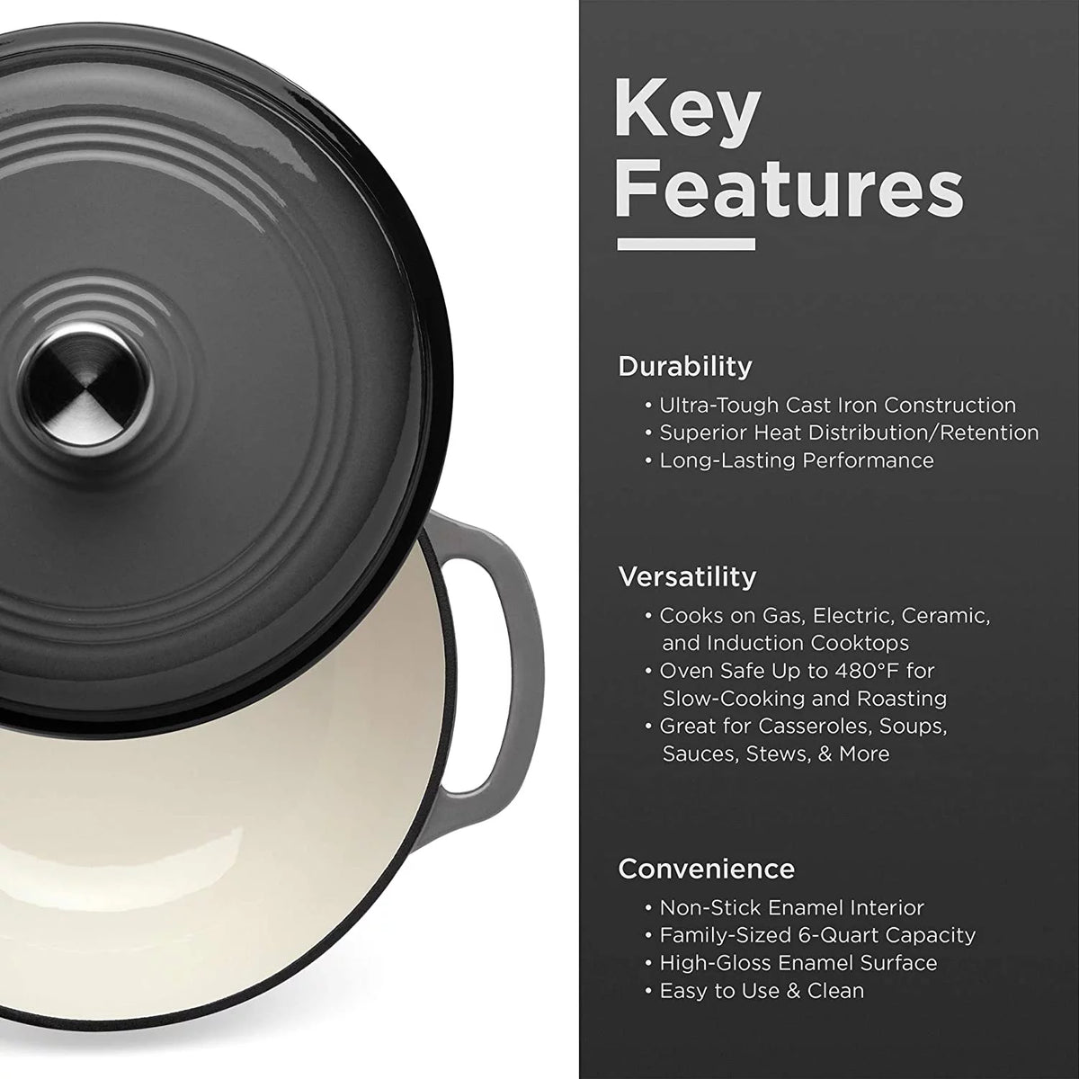 6qt Ceramic Non-Stick Cast Iron Dutch Oven with Enamel Coating, Gray Q4043