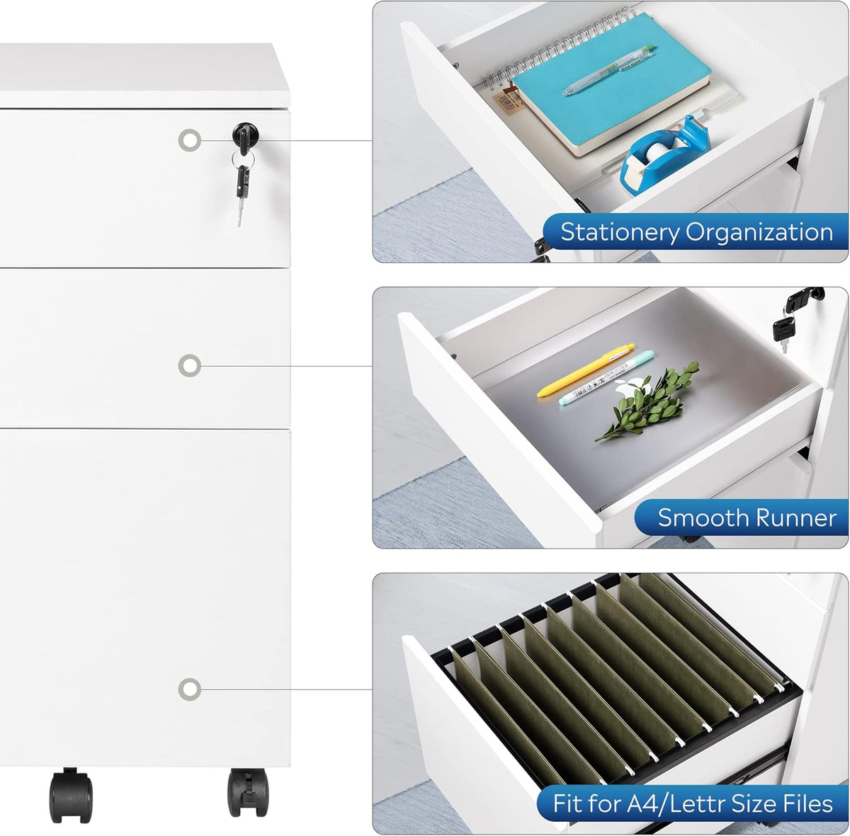 White 3 Drawer Wood Rolling File Cabinet with Lock K98090