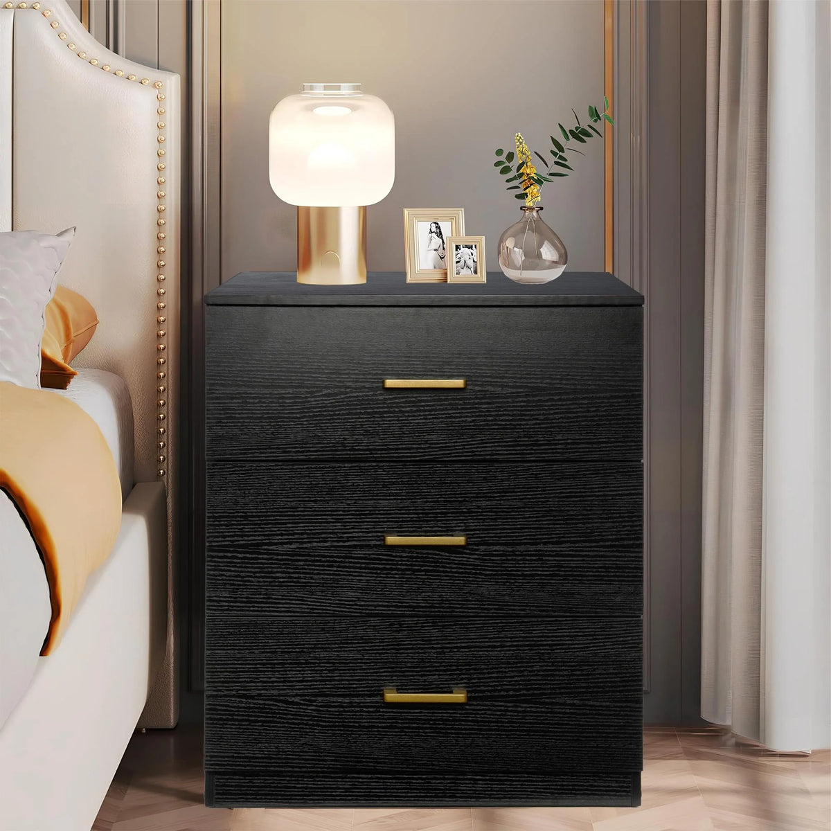 Black 3 Drawer Wood Nightstand Q62411